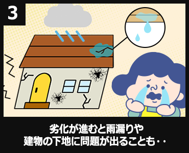 劣化が進むと雨漏りや建物の下地に問題が出ることも・・